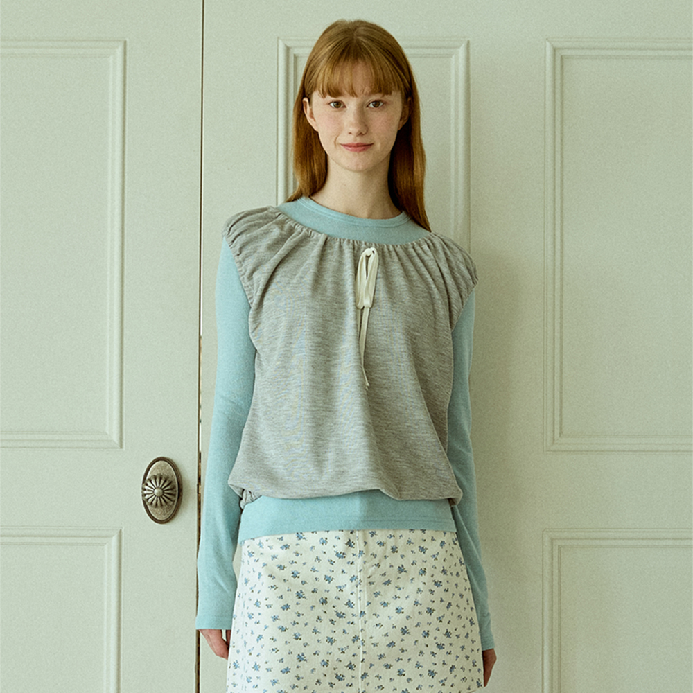 RIBBON SHIRRING TOP_GREY