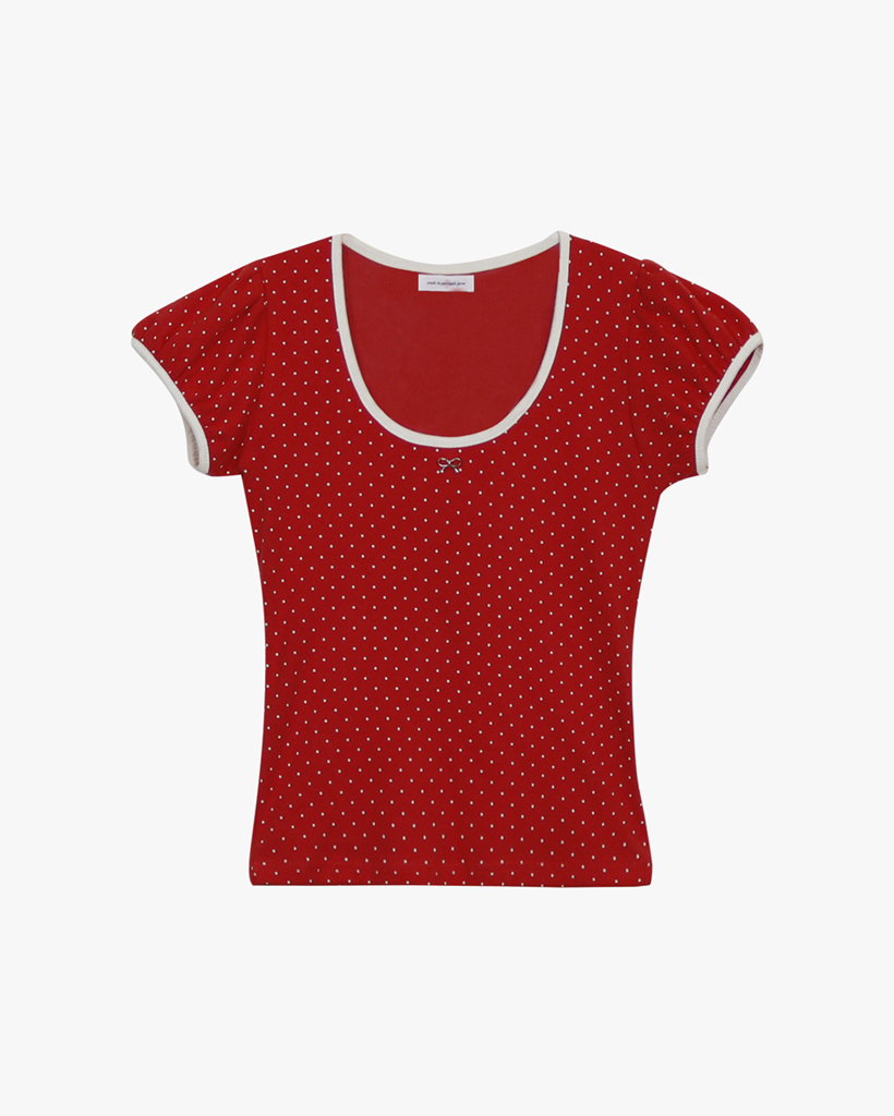 DOTTY RIBBON SHIRRING T-SHIRT_RED | ファッション通販サイト NUGU