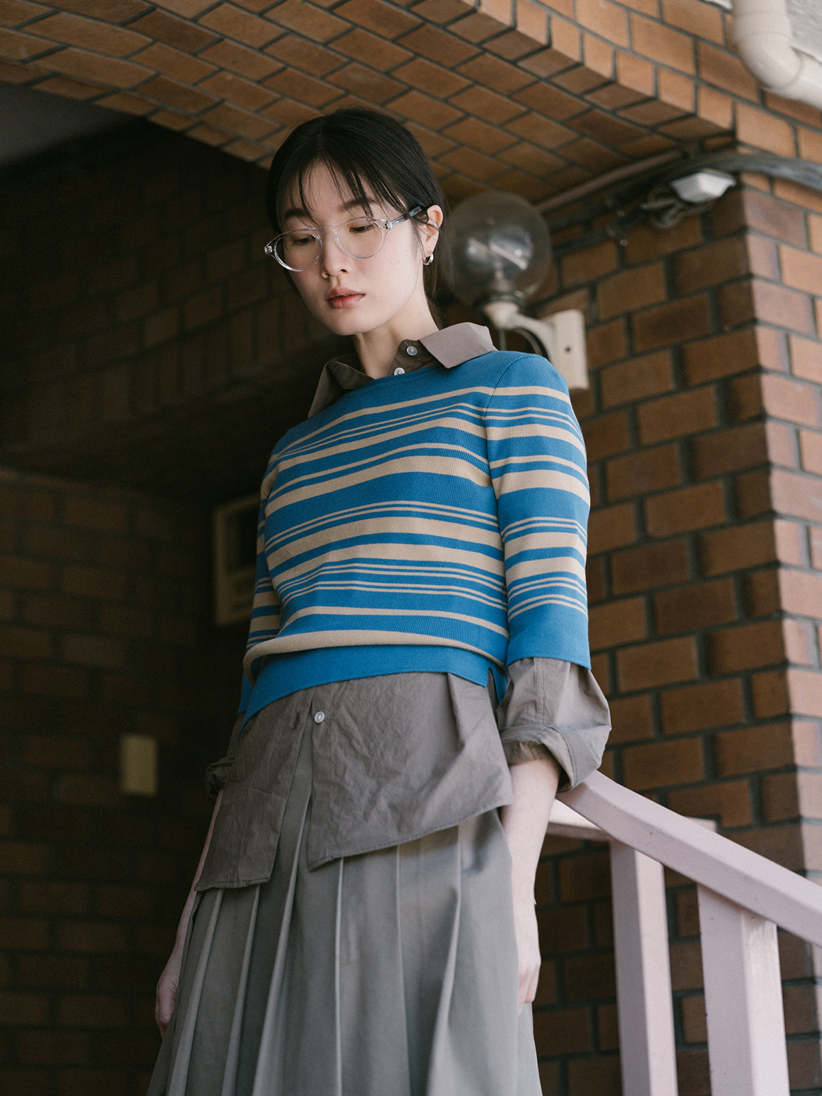 STRIPE HALF KNIT TOP_BLUE | ファッション通販サイト NUGU