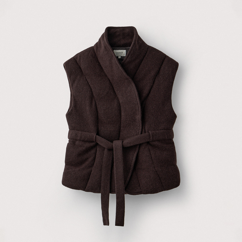 Wool Cashmere Oversize Belted Puffer Vest_Brown