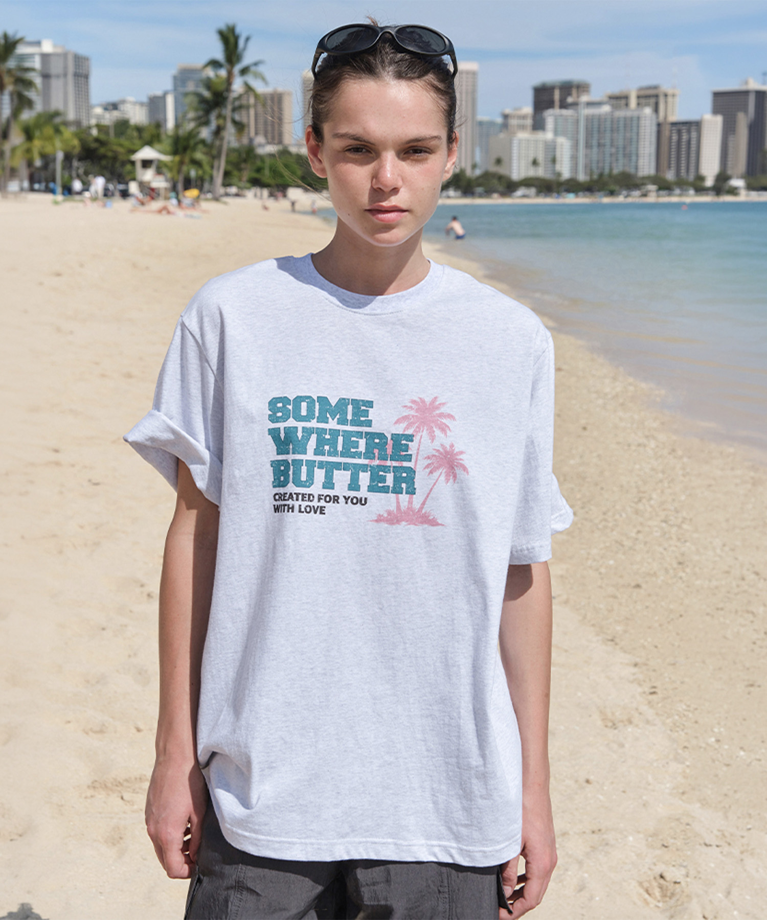 Palm Tree Logo Over-Fit Top - White Melange