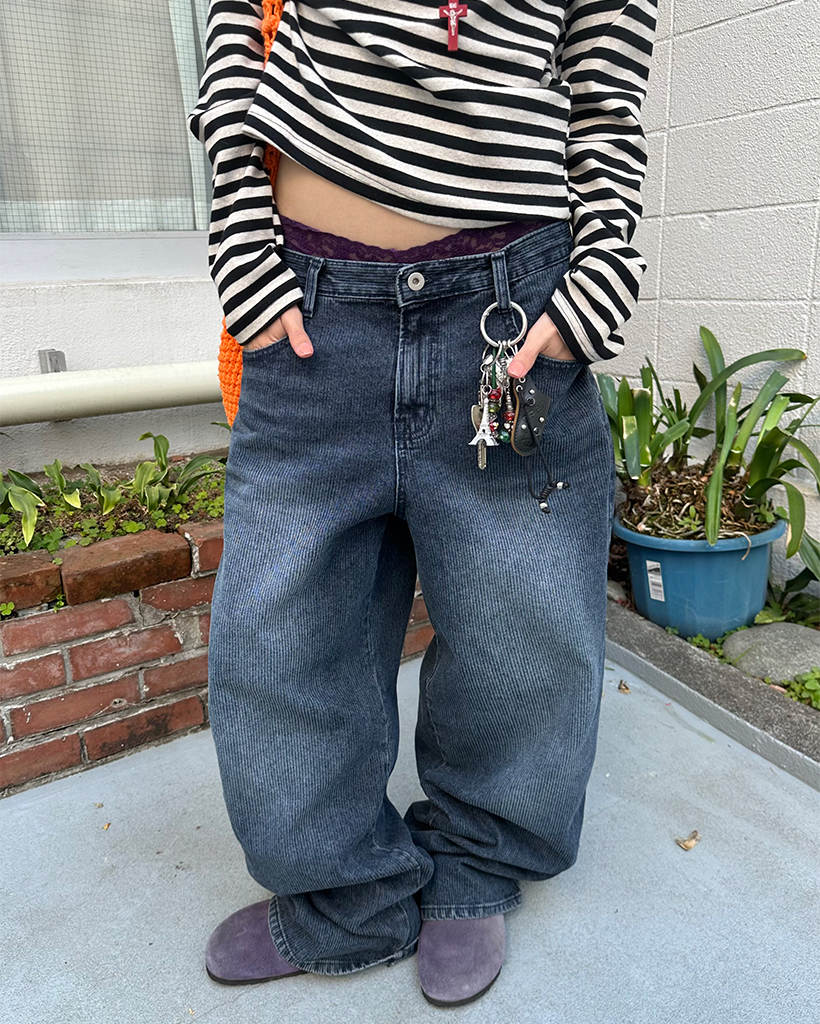 ナチュラルウォッシュリブワイドデニムパンツ