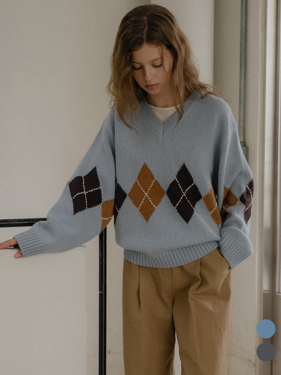 Wool blended argyle v-neck knit [TIWT02SW05]_2color