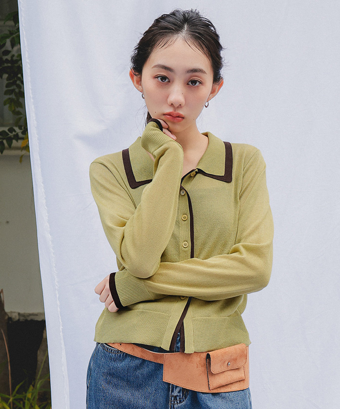 襟付きレイヤード風シアーカーディガン