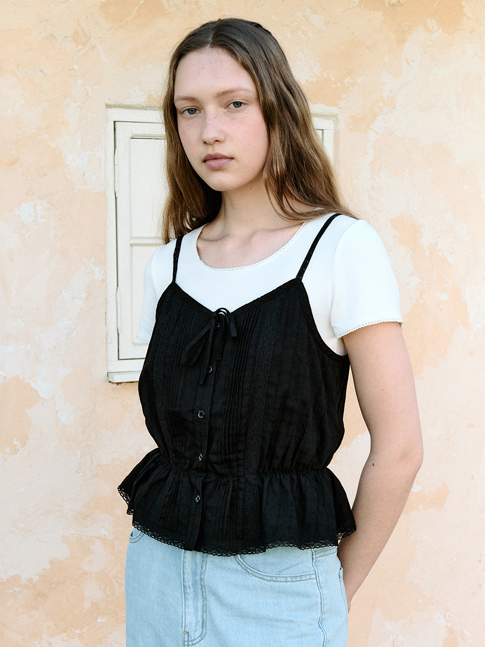 RIBBON LACE PINTUCK SLEEVELESS BLACK | ファッション通販