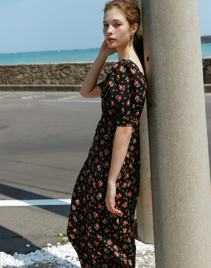 RIONA flower puff sleeve dress_BLACK | ファッション通販
