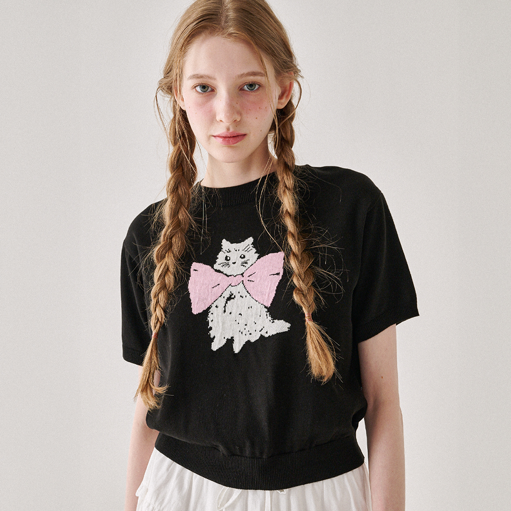 DOUBLE RIBBON BASIC FIT T SHIRT BLACK PINK | ファッション