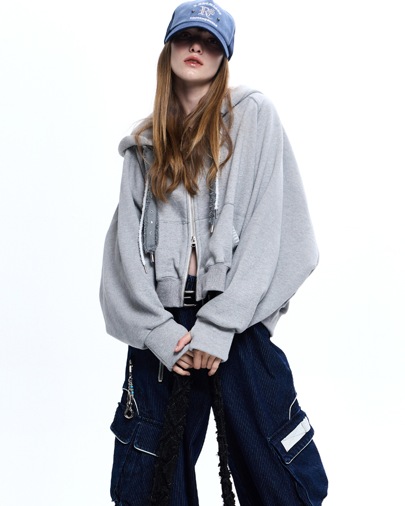 DENIM STRAP CROP HOOD ZIPUP - MELANGE | ファッション通販サイト NUGU