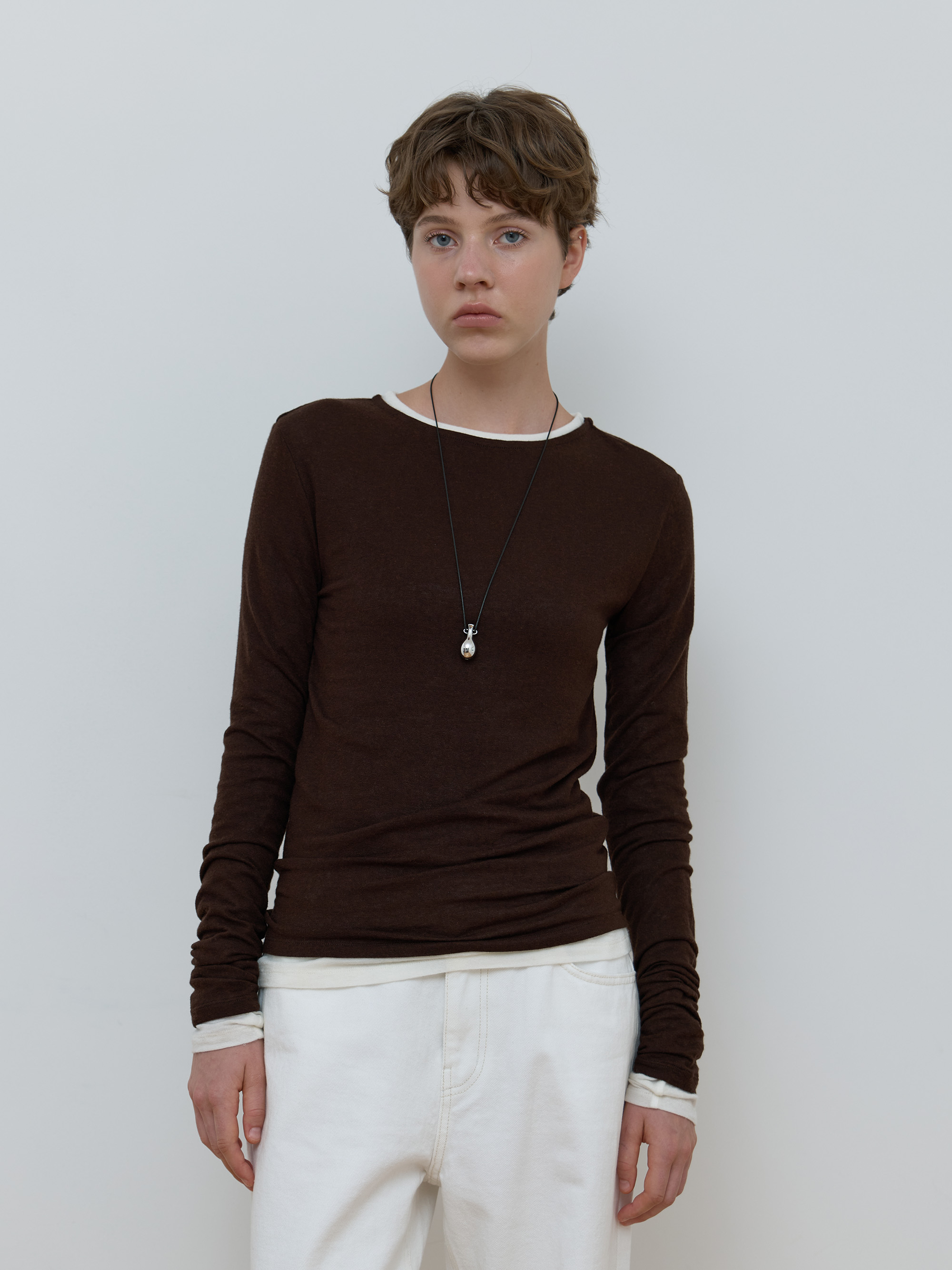 SHEER BOAT NECK TOP_BROWN