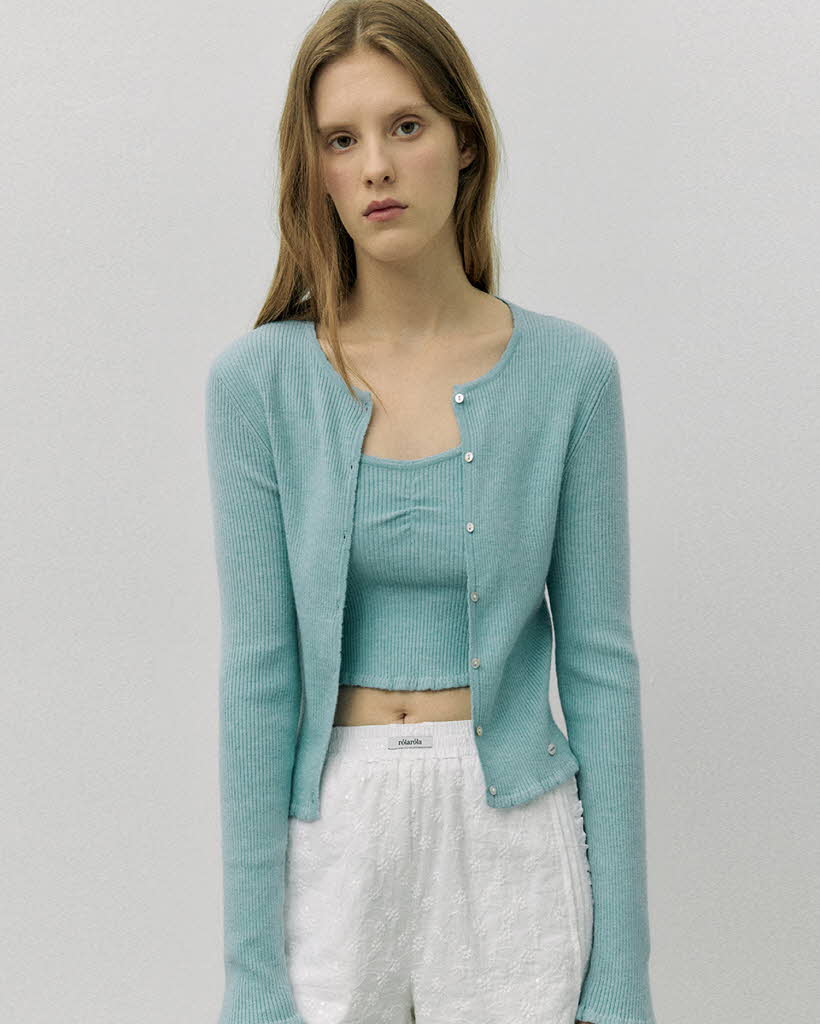 SHIRRING SLEEVELESS CARDIGAN SET BLUE