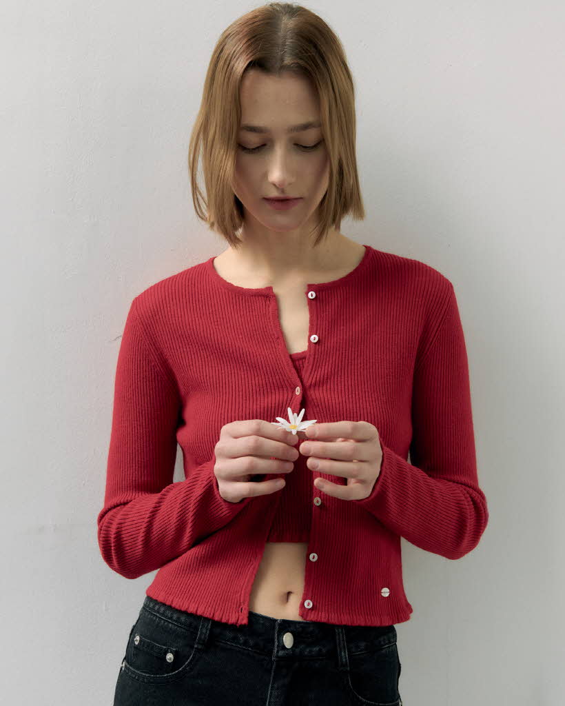 SHIRRING SLEEVELESS CARDIGAN SET RED