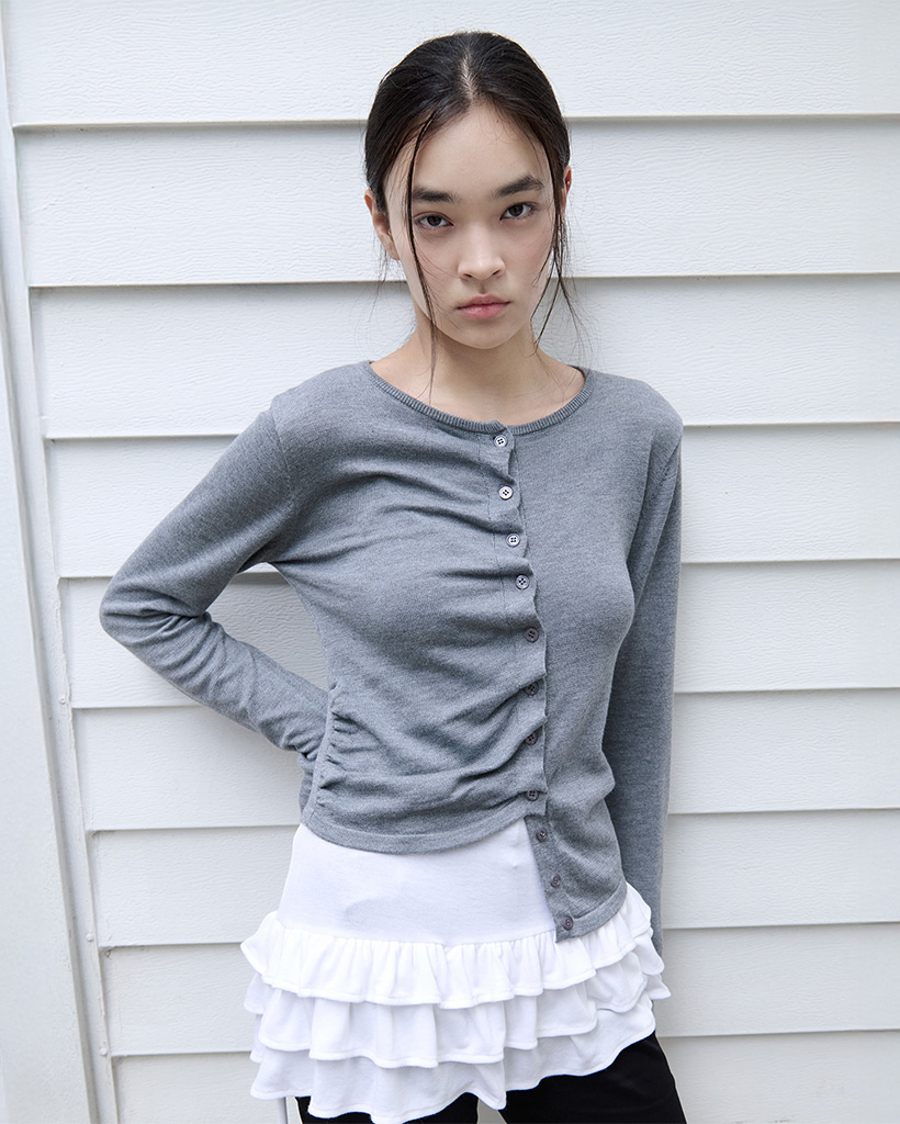 SHIRRING BUTTON UNBALANCE CARDIGAN GRAY