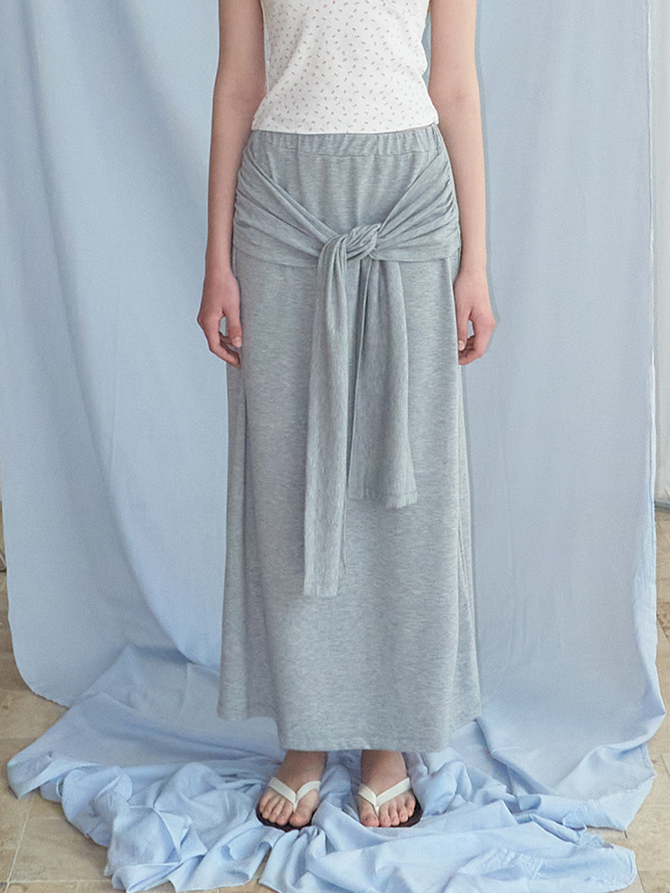 2-Way Tie Long Skirt, Melange Grey