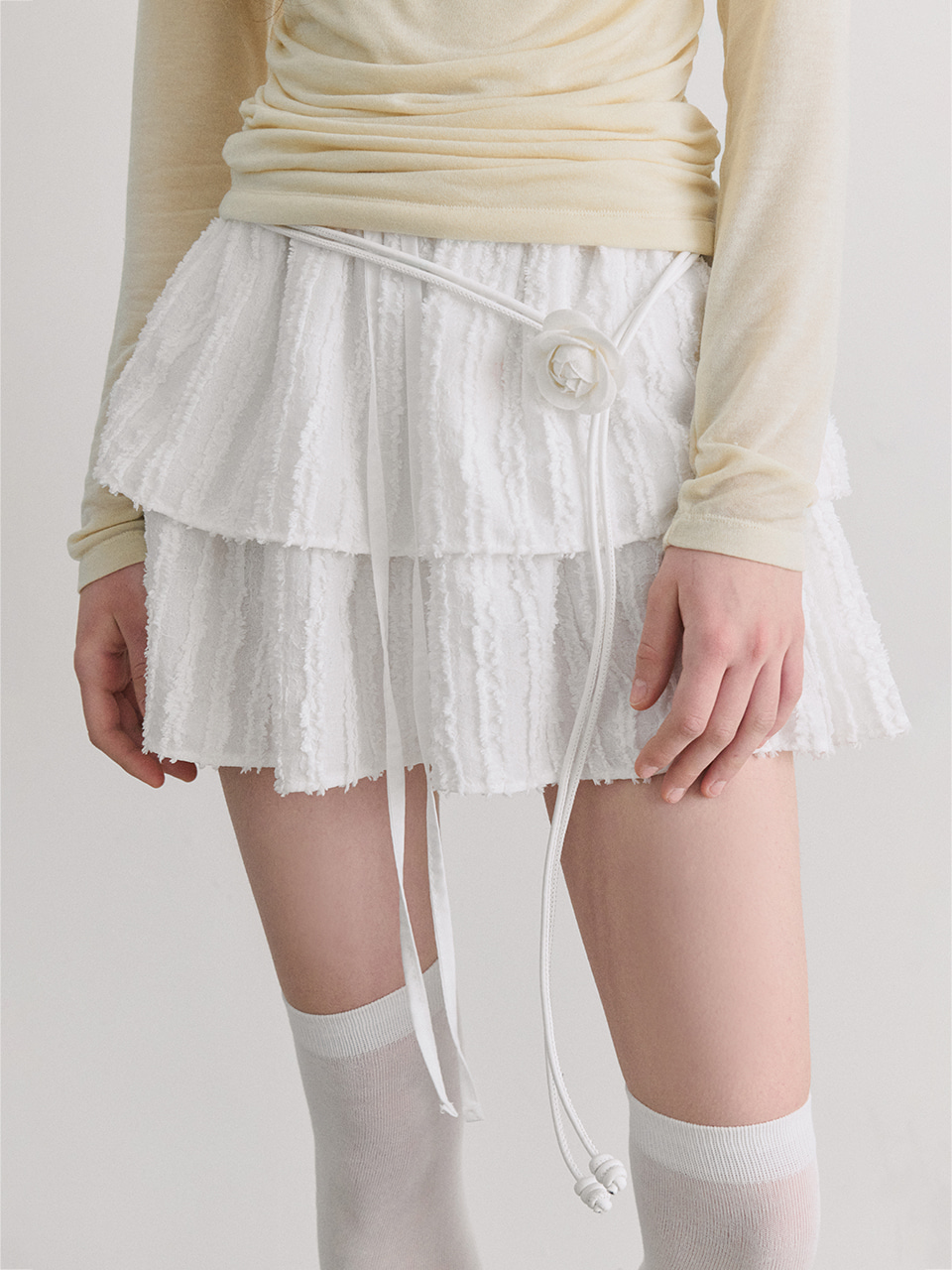 Texture Tiered Mini Skirt, White