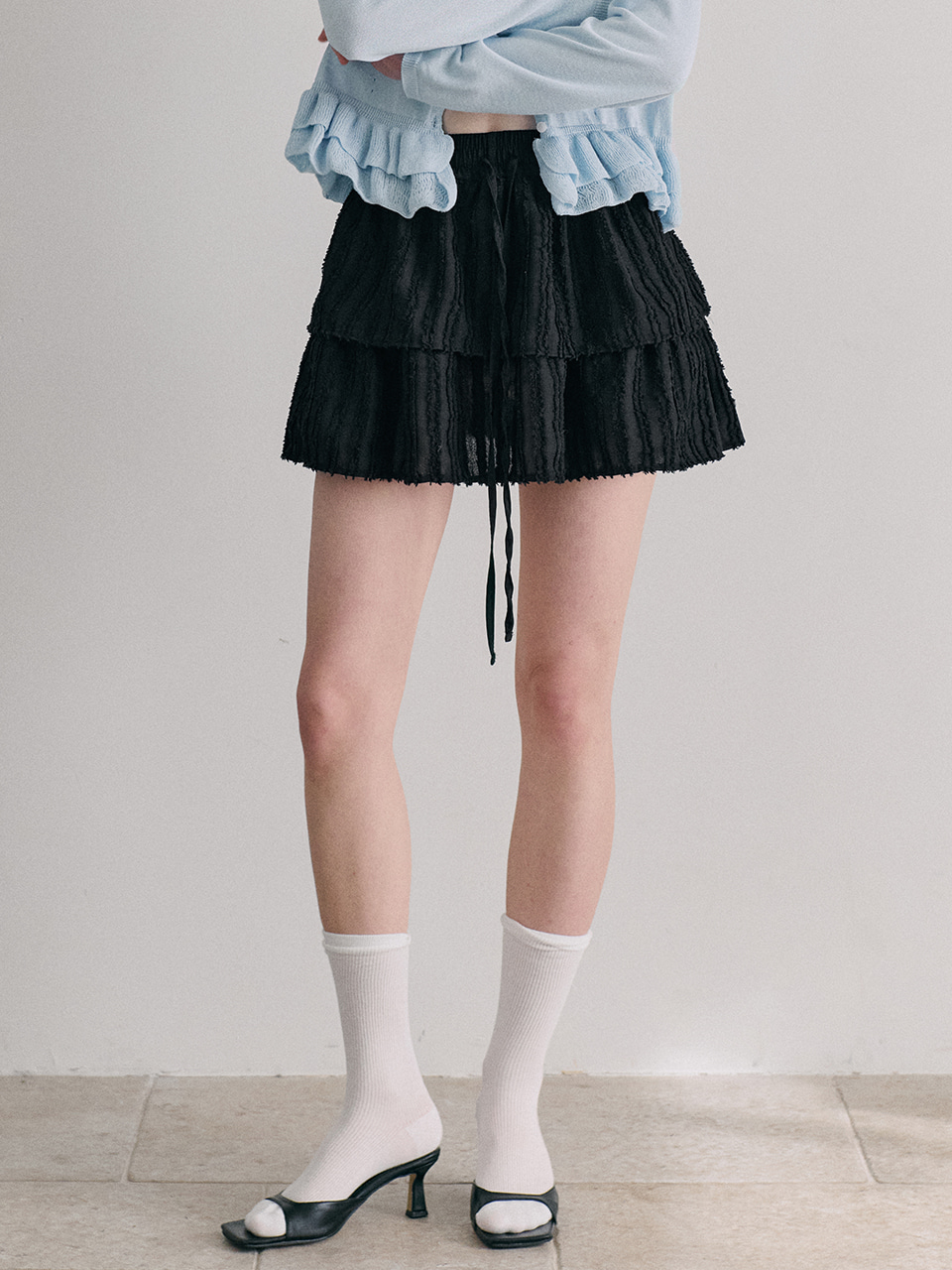 Texture Tiered Mini Skirt, Black