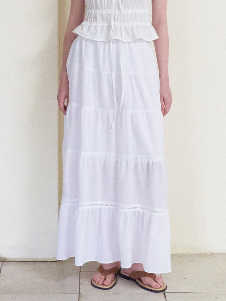 Crinkle Tiered Long Skirt, White