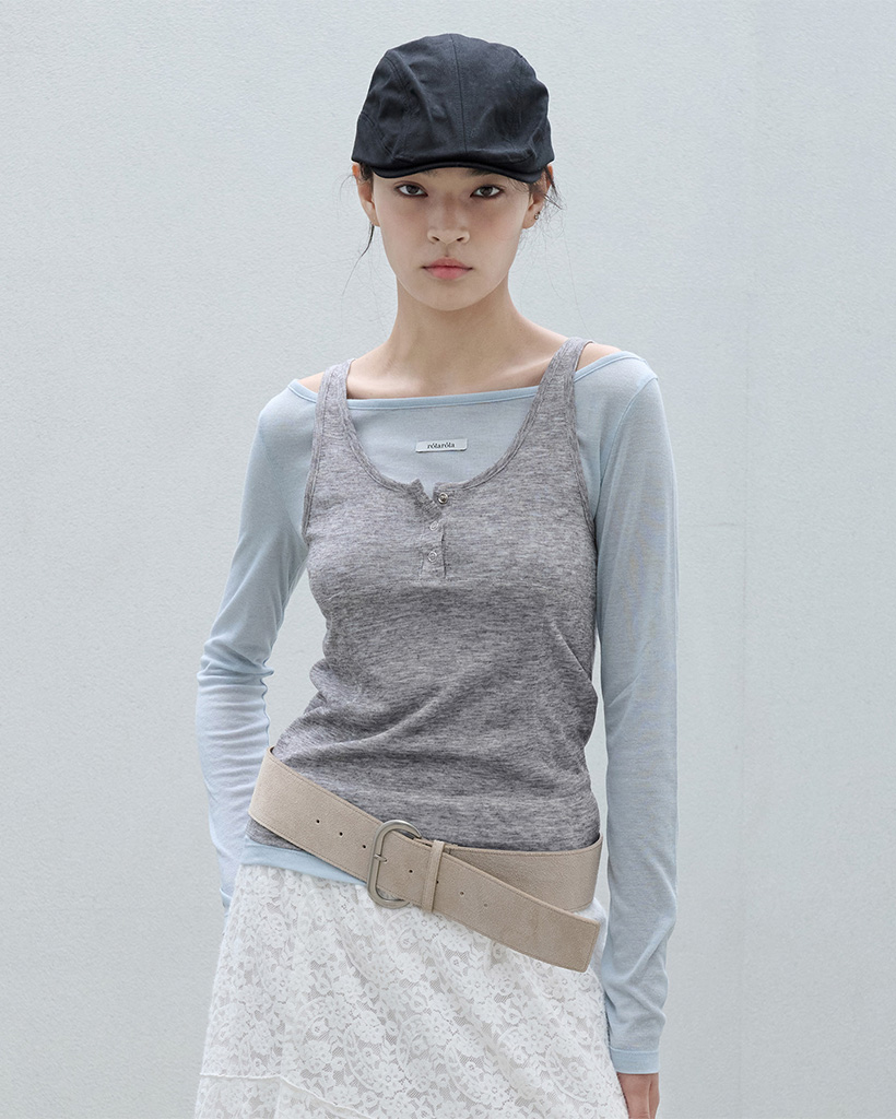 SLEEVELESS LAYERED T-SHIRT SET BL+GY