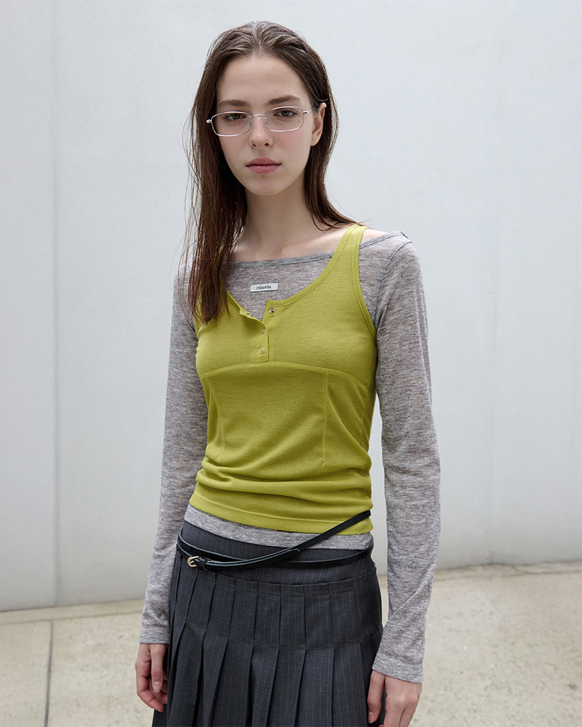SLEEVELESS LAYERED T-SHIRT SET GY+OL