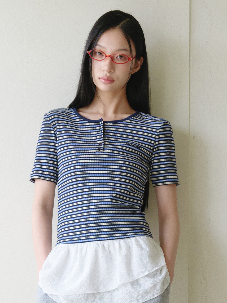 SLIM FIT HENRYNECK HALF T-SHIRT NV+BL