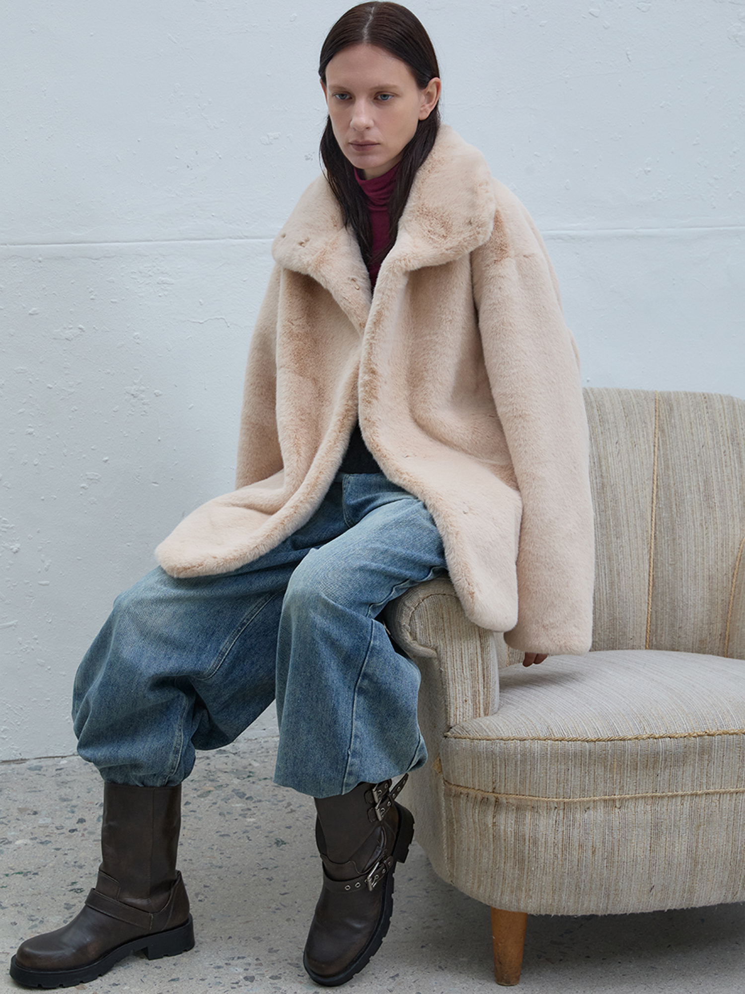 High Neck Eco Fur Jacket (Ivory)