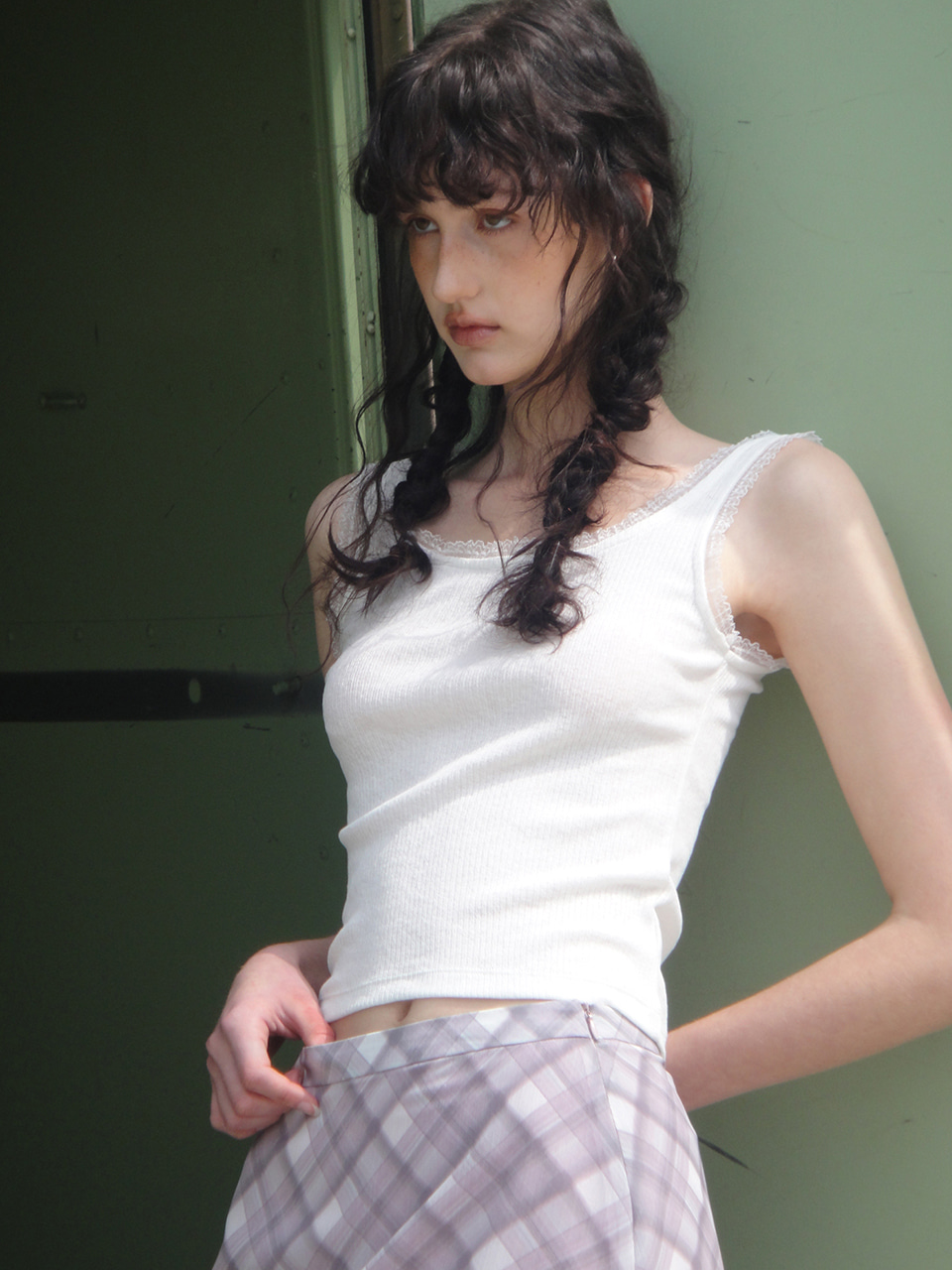 Lace Ribbed Sleeveless Top, White