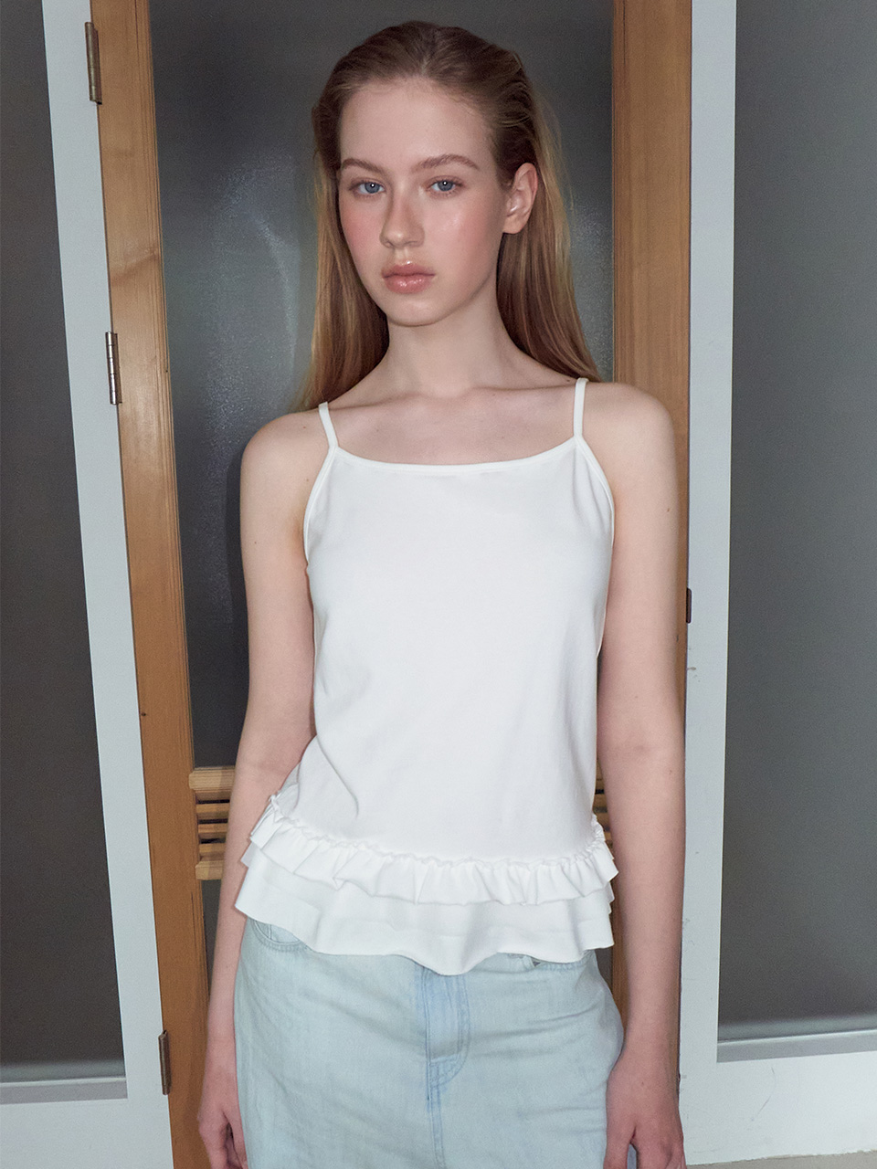 Mixed Frill Sleeveless Top, Ivory