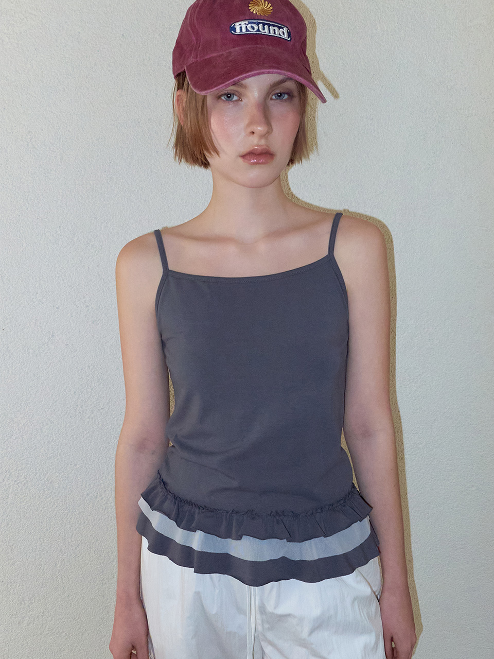 Mixed Frill Sleeveless Top, Charcoal