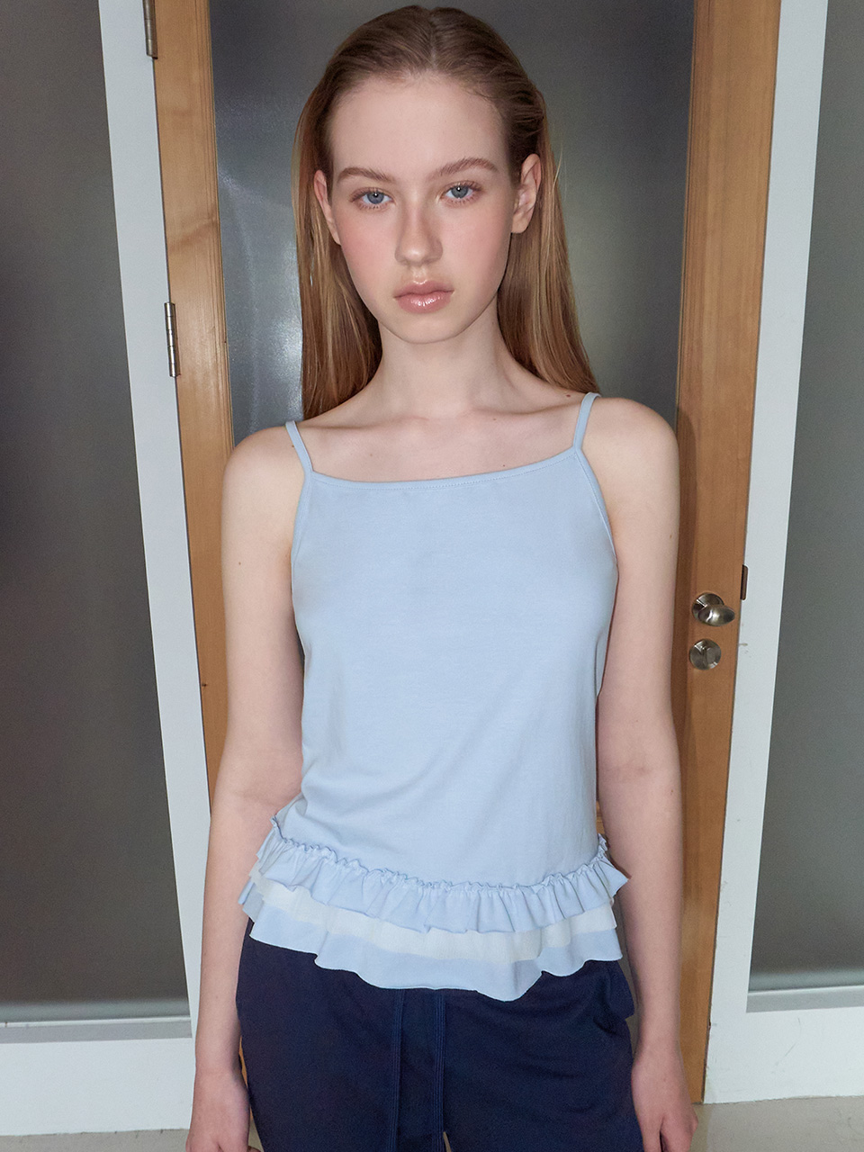 Mixed Frill Sleeveless Top, Sky Blue