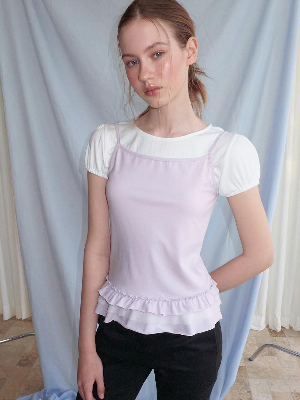 Mixed Frill Sleeveless Top, Lavender