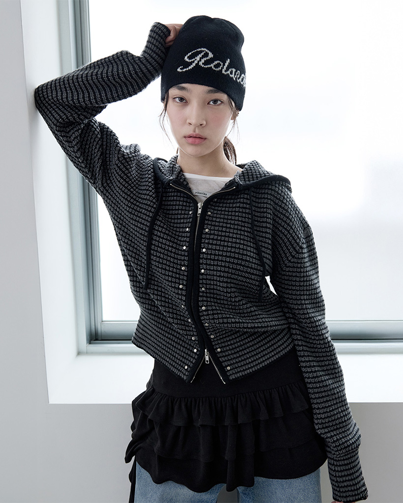 STUD KNIT HOODED ZIP-UP GRAY