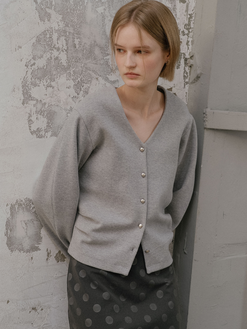 V-neck shirring cardigan [TISP06CD02]_Gray