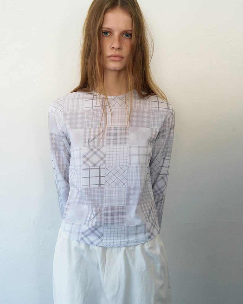 Shalott Check Patchwork Tee Pale Gray
