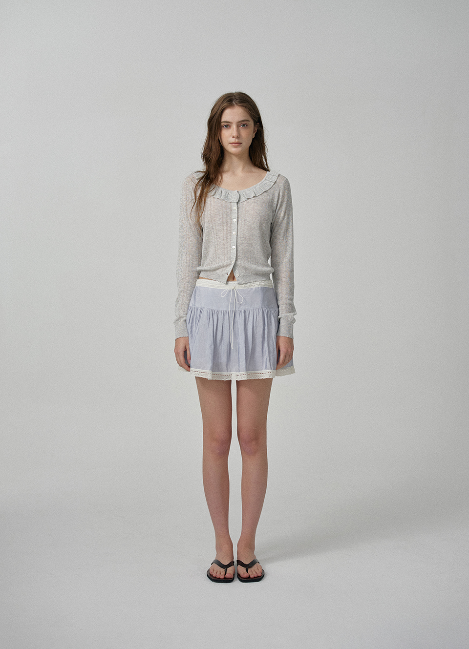 Sia Ruffle Pointelle Cardigan_Light Grey