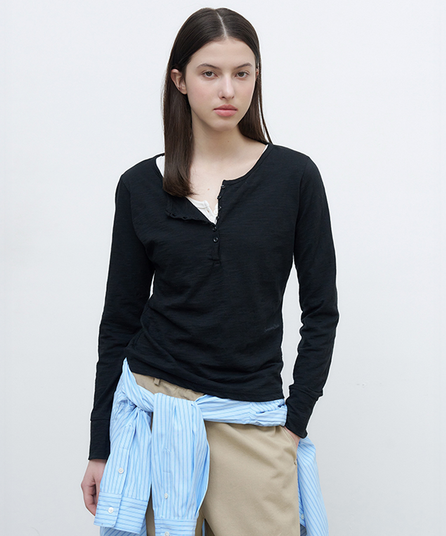 Slub Henley Long Top - Black