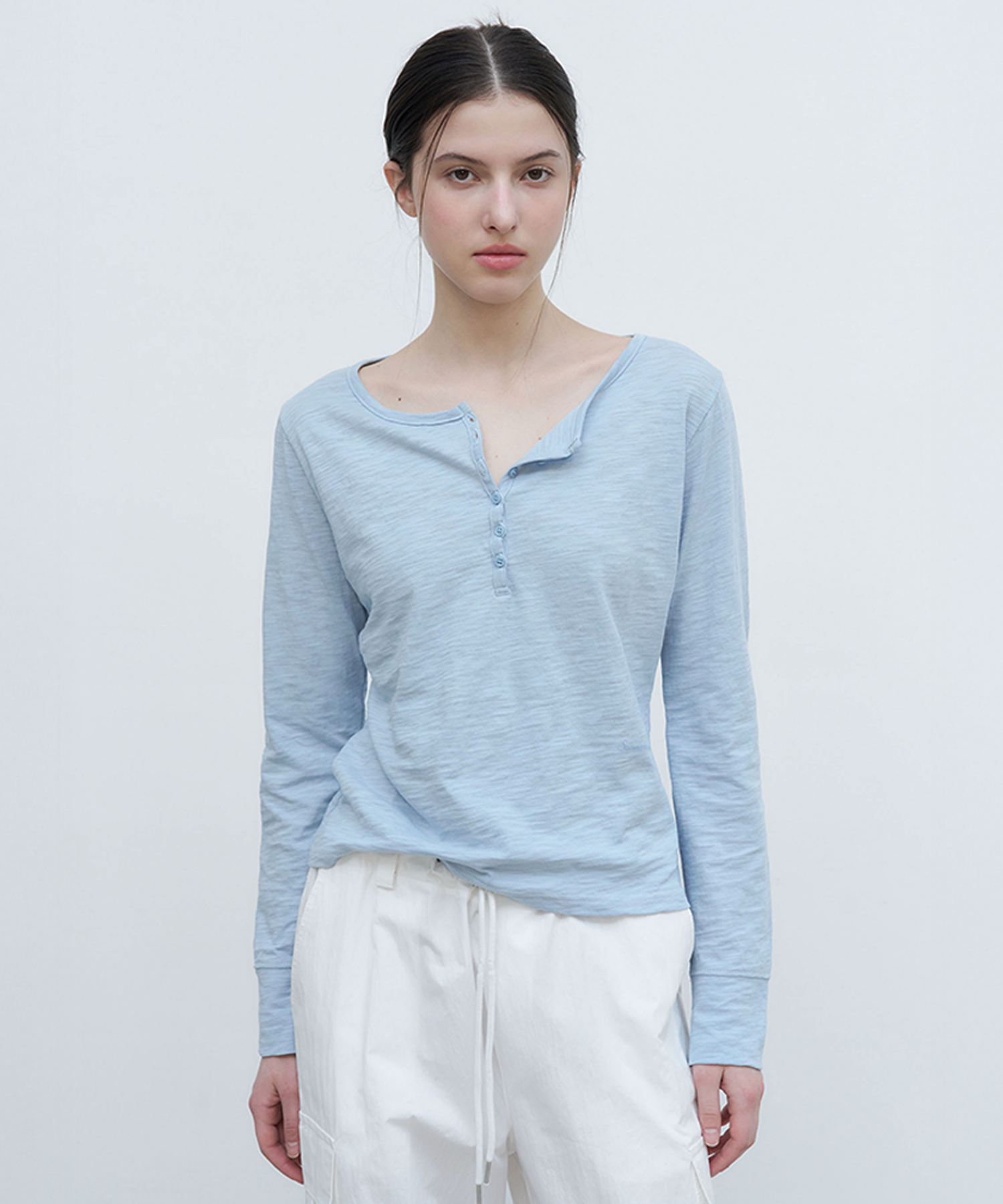 Slub Henley Long Top - Light Blue