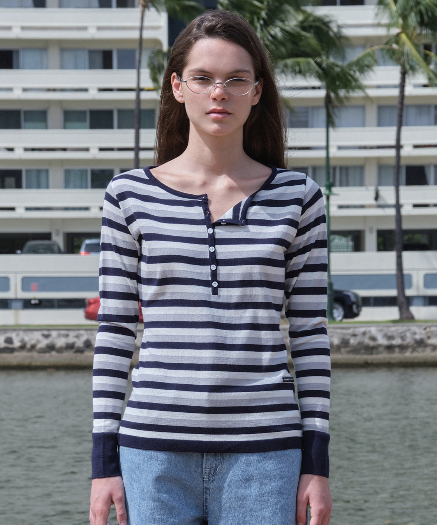 Stripe Molty Wappen Henly Knit - Navy