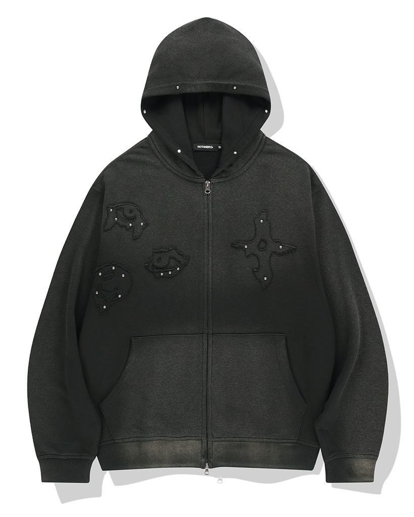 [nugu限定商品] Stud Chasm Eyes Salt Washed Hood Zip Up - Black