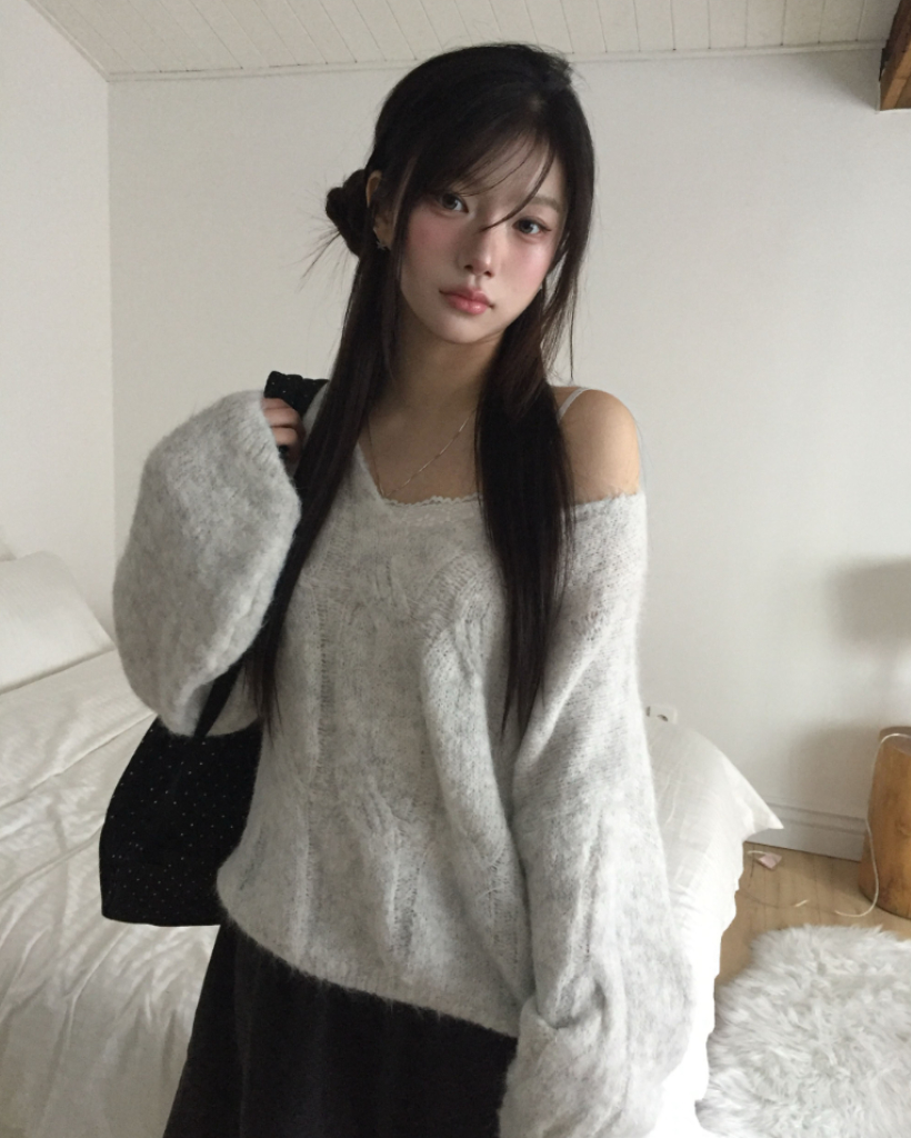 (5color)Vネッククロシェパッチニット