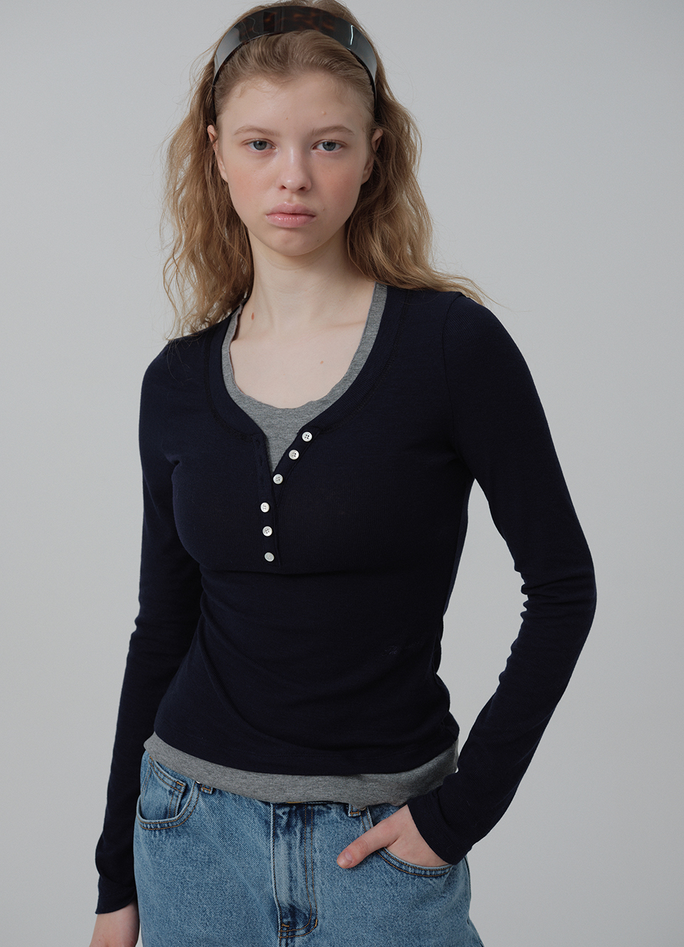Aimee Slim Layered T-shirt_Navy