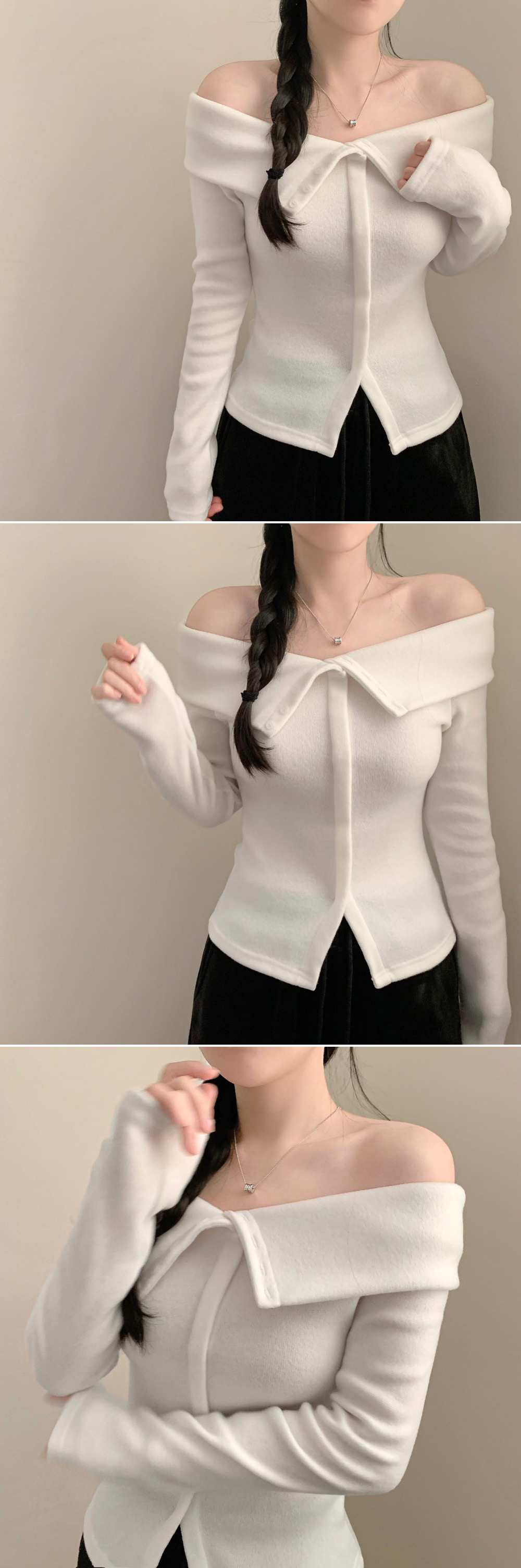 3 color) 裏起毛 ビッグ襟 オフショルダー トップス | ファッション