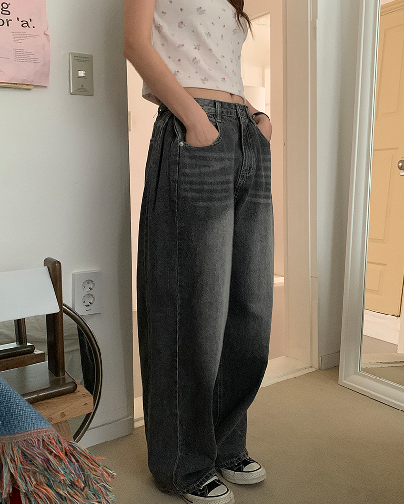 ウォッシュド ワイドデニム S〜2XL サイドライン セール】サイドラインデザイン ワイドデニムパンツ（デニム