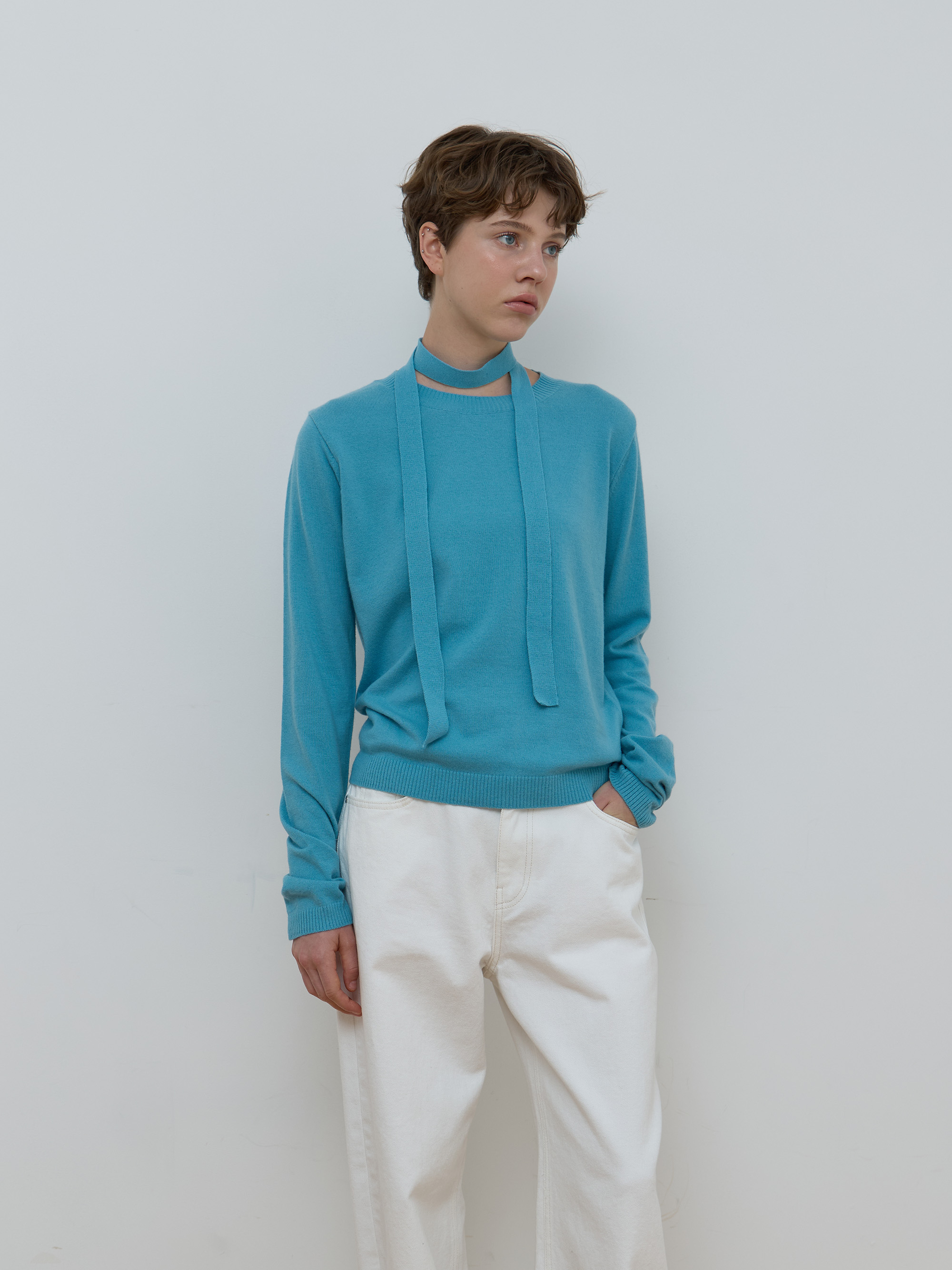 TIE SET U-NECK CASHMERE KNIT_BLUE