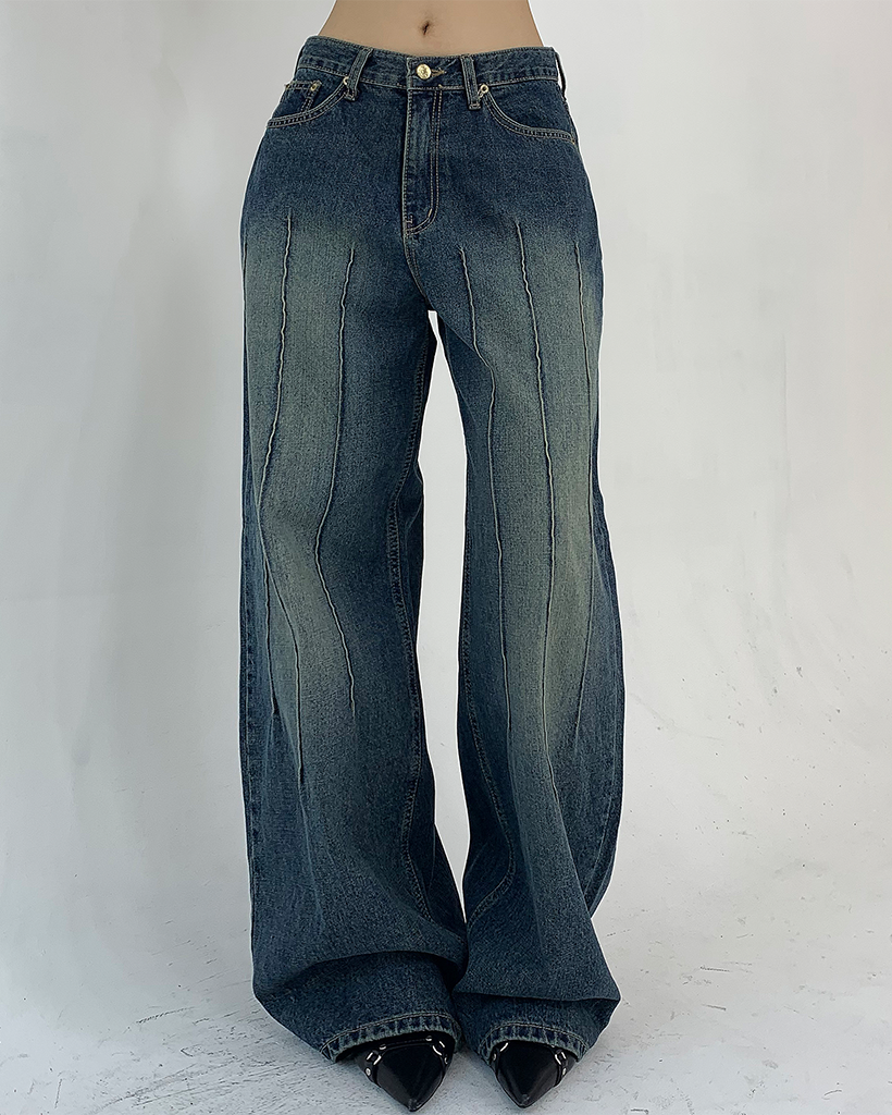 ヴィンテージウォッシュタック入りワイドデニムパンツ | ファッション
