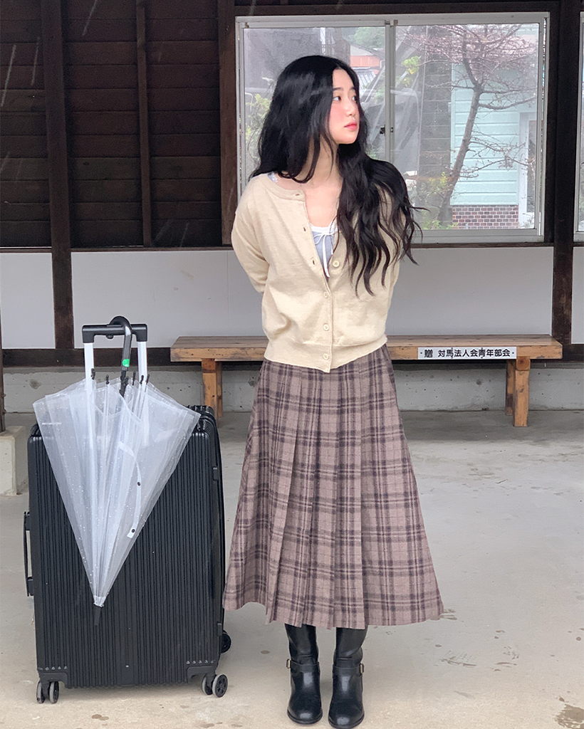 バックゴムウールチェックロングスカート