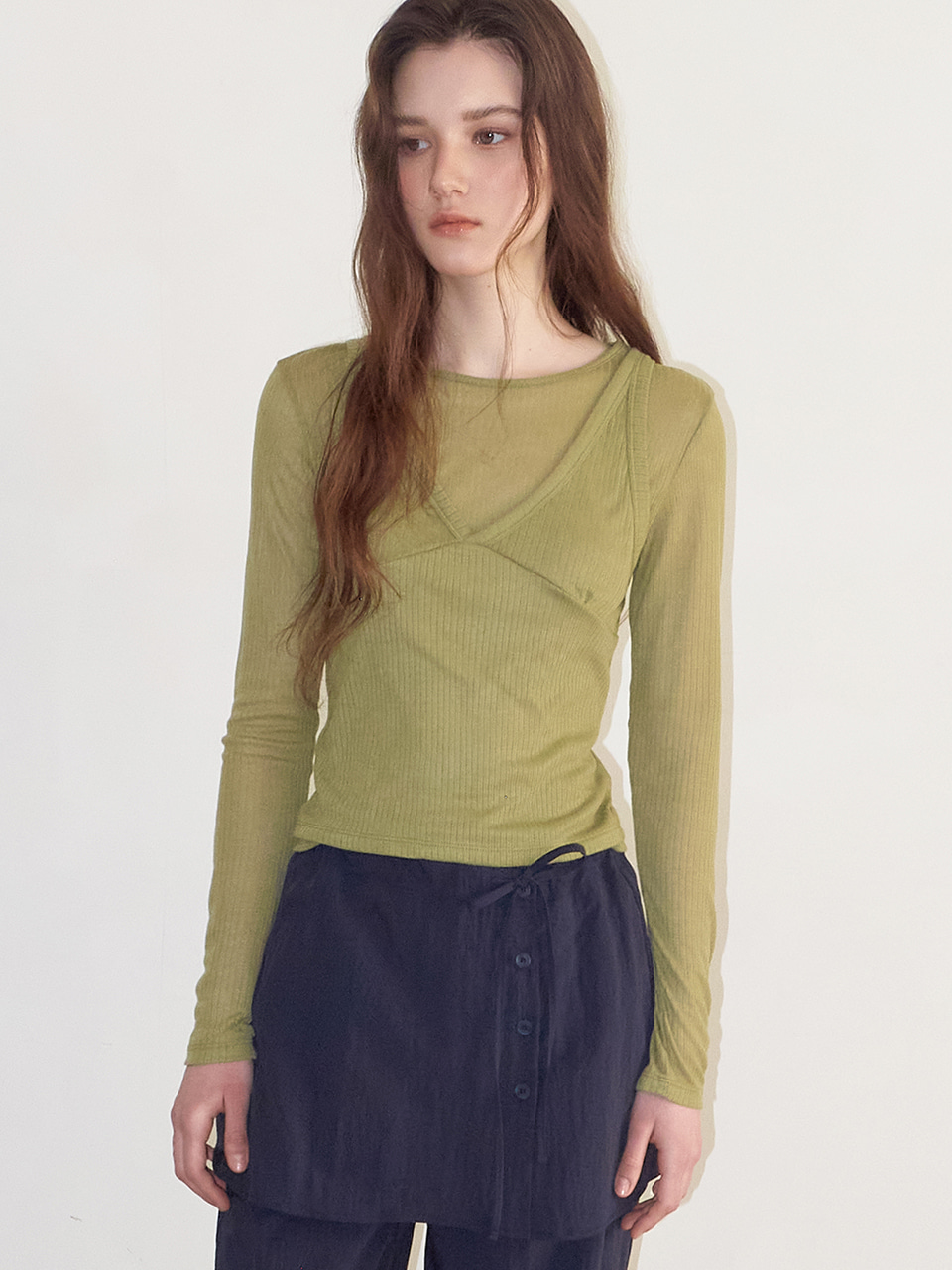 Ribbed Layered T-Shirt SET, Olive