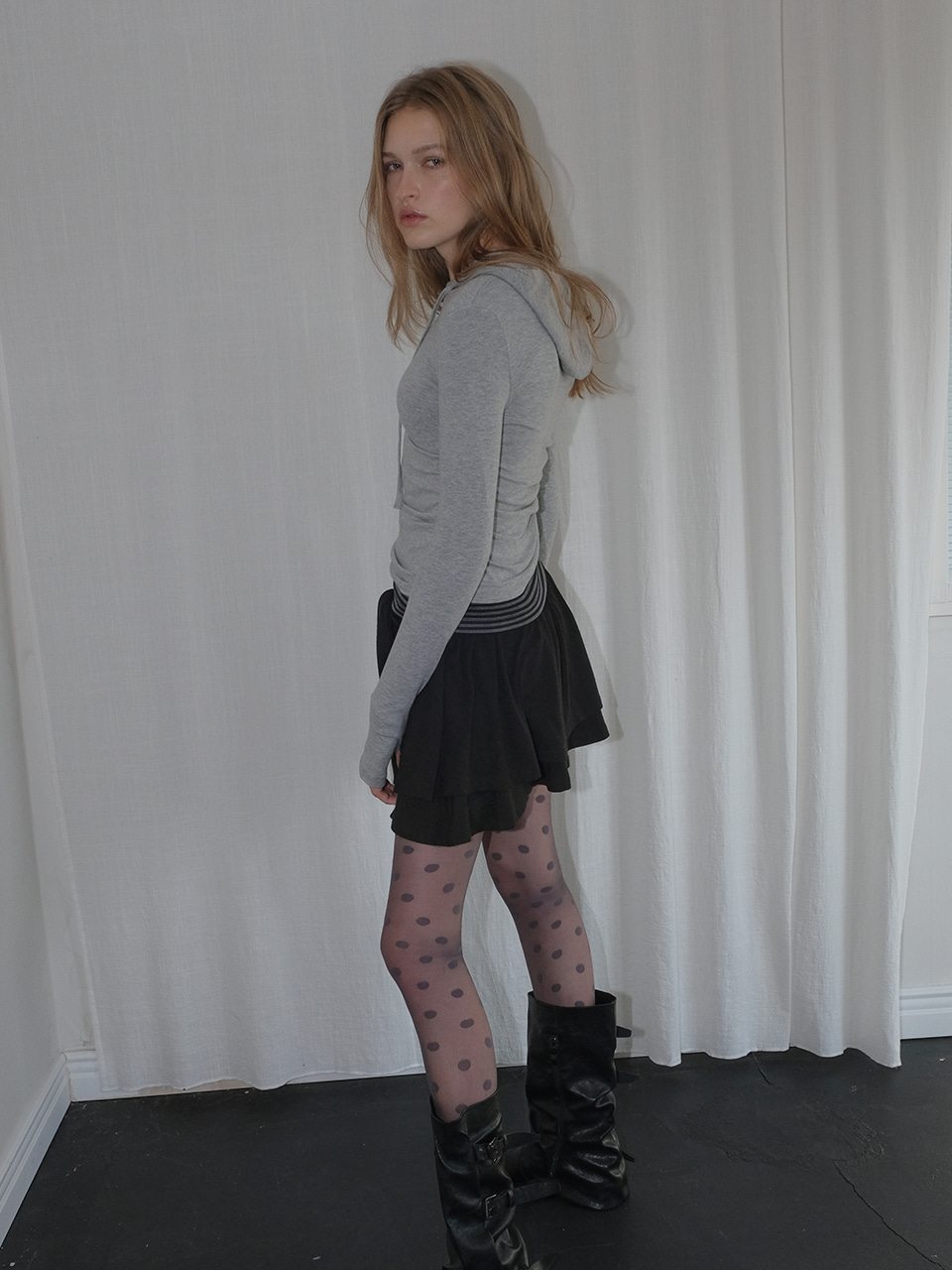 Hooded Shirring T-Shirt, Melange Grey