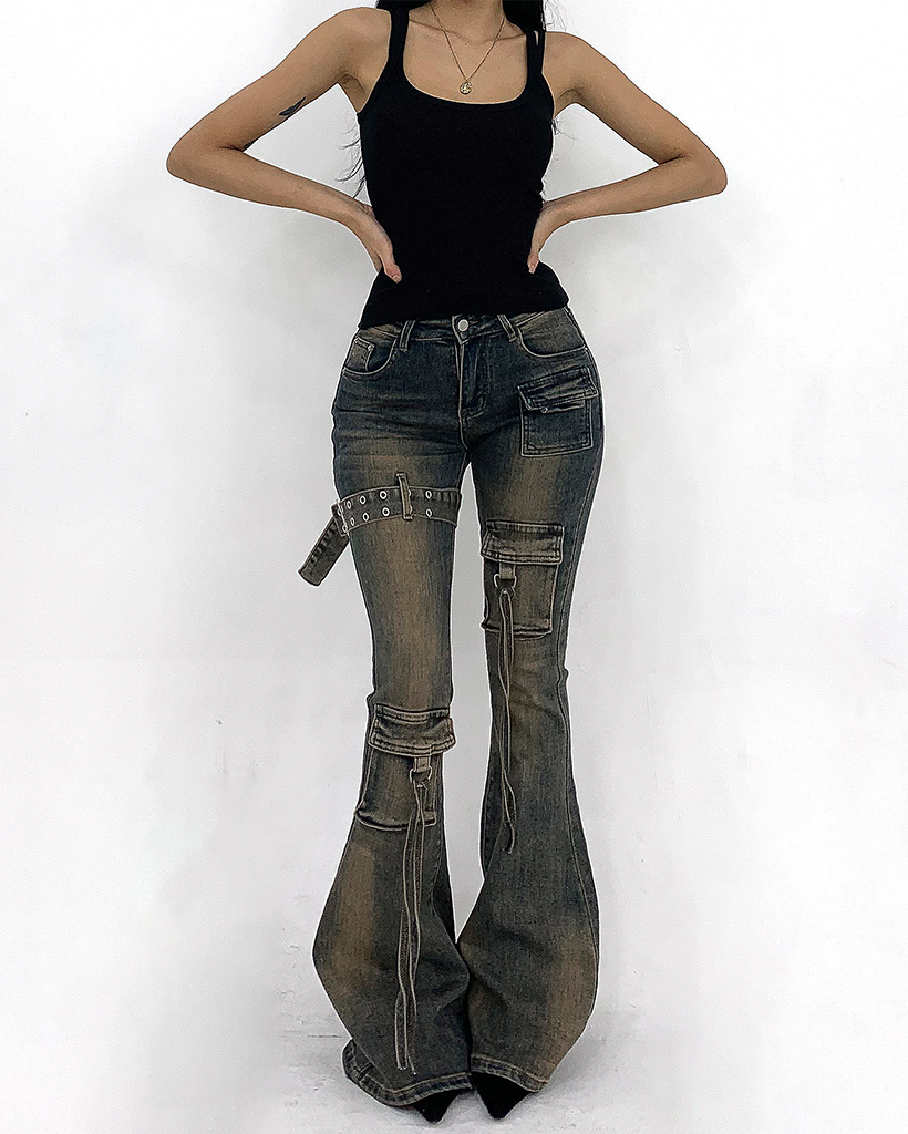 グレーステッチローライズブーツカットデニムパンツ