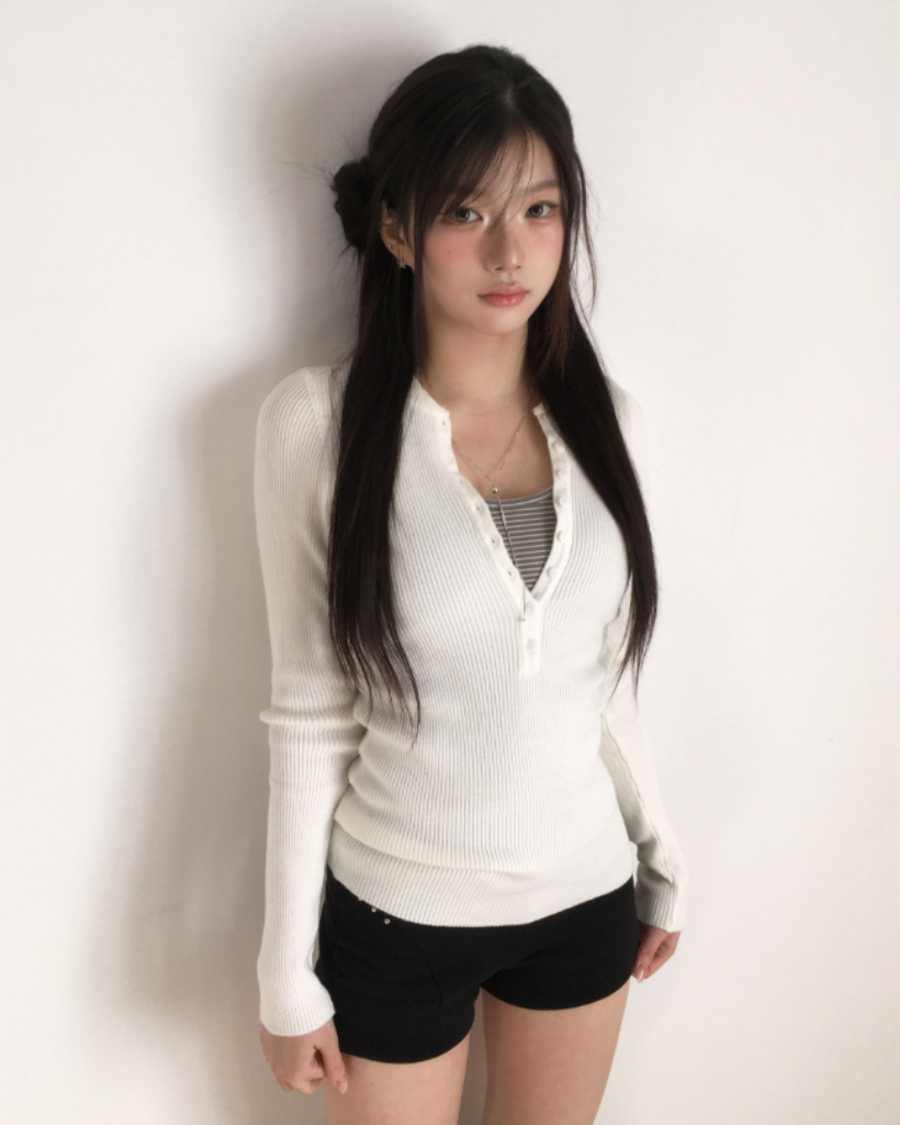 (3color)スリムフィットフロントボタンリブニット