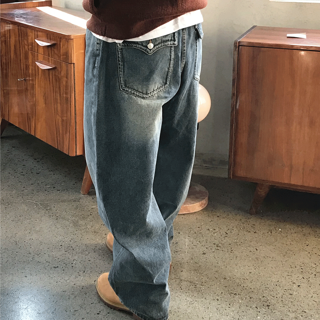 バックポケットウォッシングロングワイドデニムパンツ