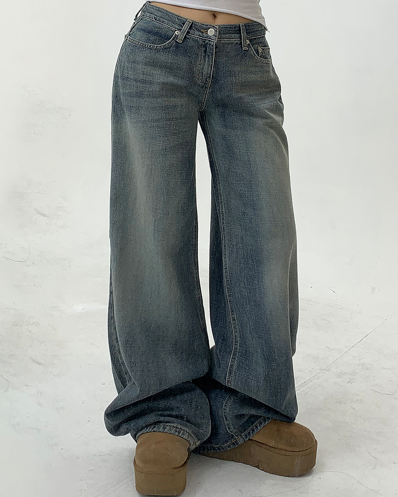 デニムパンツ M~2XL ワイド ウォッシュド ヴィンテージ Shoowtime ジーンズ ビンテージウォッシュワイドデニムパンツ